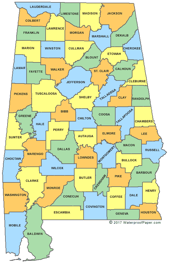 Color-coded map of Alabama by couny